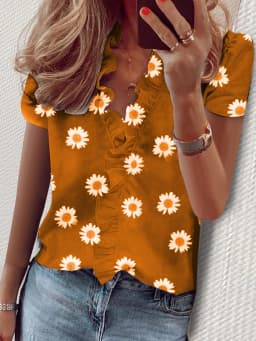 Casual Short Sleeve V Neck Ruffles Blouses Elegant Office Lady Shirts Summer Vintage Harajuku Loose Tops Female Boho Tunic