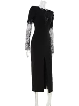 Ahagaga Eelgant Lace Women's Dress Patchwork Long Sleeves Autumn Party Slim Fit Sheath Velvet Sexy Split Trend Female Vestidos