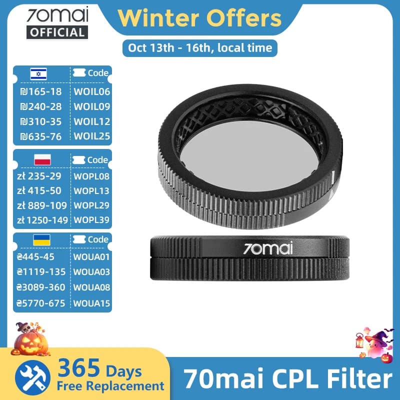 Original 70mai CPL Filter for 70mai Dash Cam 4K A800SE/A510/A800S/A500S/A200/Lite2 D10/Lite D08 Lens Filter Lens Cap