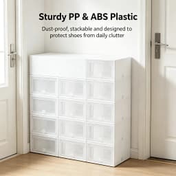 20-Pack Shoe Storage Boxes Transparent Stackable, Plastic Foldable Shoe Organizer Set with Ventilation Holes, Space-Saving for Closet Entryway, Fits Men & Women Shoes, White