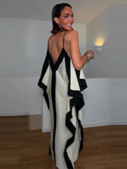Contrast Black Trim Satin Maxi Dress Deep V Neck Loose Flowy Ruffle Hem Lady Long Gown 2026 Summer Formal Chic Vacation Dresses