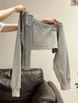 Designer Unique Off-shoulder Tops Women Two Piece Set Long Sleeve Striped Sweatshirt Fall Navy Hoodie Jacket Spring Outwear