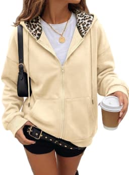 Women's Full Zip Hoodie with Leopard Hood Lining Oversized Long Sleeve Jacket Winter Warm Fleece Lined Sweatshirt Streetwear