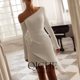QICHE Modern Short Sheath Wedding Dresses Flower Off The Shoulder Long Sleeves Pleat Above-Knee Vestidos De Noiva Customized