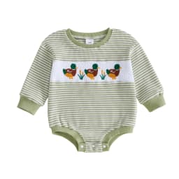 Duck Embroidery Boy Fall Romper Striped Sleeve-Striped Baby-Boy-Fall Romper Embroidery-Long-Sleeve Romper Adorable Duck