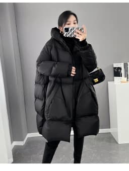 Black White Hooded down jacket for women Winter Oversized Thick warm Pockets puffer coat Lady Long Feathers Outwear INKEO 3O129