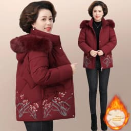 Warm Fleece Lined Cotton Jacket for Middle-Aged And Elderly Women Casual Style Winter Coat with Hood Zipper Closure And Pockets