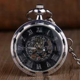 Cool Skeletonized Black/Silver Mechanical Pocket Watch with Transparent for Men Women Vintage Steampunk pocket watch mechanical
