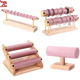 Solid Wood Pink Velvet Jewelry Exhibitor Stand Ring Earrings Storage Stand Bracelet Watch Display Stand
