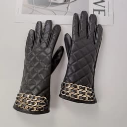 Women Black Chain Thickened Plush Inside Grid PU Artificial Leather Glove Sexy Female Nightclub Dance Punk Performance Mitten