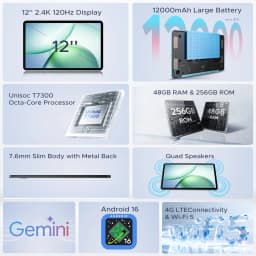DOOGEE AORLYM P12 Pro Tablet 48GB+256GB Gemini AI 12" 2.4K 120Hz Display 12000mAh Large Battery UNISOC T7300 Widevine L1 4G Dual SIM Android 16 Smart Pad