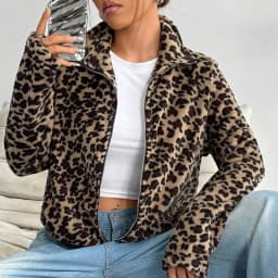 IG Women Leopard Print Stand Collar Zip-Up Fuzzy Jacket, Long Sleeve Warm Fluffy Short Coat, Winter Casual Street Outerwear