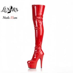 15cm/6Inch Black Patent Platform High Heel Thigh High Boots Lace-Up Zipper Non-slip Nightclub Pole Dance Ladies Rave Stage Goth