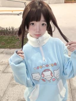 Japanese Lamb Wool Patchwork Stand Neck Hoodies Women Cartoon Embroidery Kawaii Cute Sweatshirt Harajuku Grunge Loose Streetwear