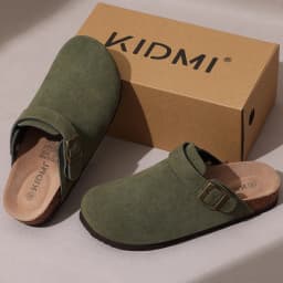 Comwarm Cow Suede Women Clogs With Adjustable Buckle Cork Footbed Leather Mules Comfort Slip on Women Slippers Summer Cork Clogs