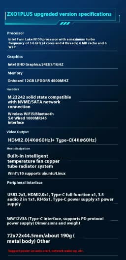 SZBOX ZX01 PLUS Pocket Mini PC Intel N150 LPDDR5 12GB M.2 SSD Type-C Office Desktop Gamer Computer Wifi5 BT5.0 Windows 11 PRO