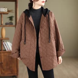 Large Size Women's Faionable Lightweight Hooded Cotton Jaet Autumn Winter New Arrival Diamond Pattern Loose Casual Coat