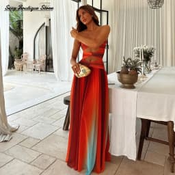 Women's Tie-dye Hollow Out Maxi Dress Gradient Off Shoulder A-line Hem Long Robes Sleeveless Party Vestido Lady Fashion Clothing
