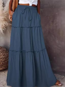 Women's Spring Autumn New Long Skirt Solid Color Fashionable Mushroom Layered Skirt High Waist Elastic Ruffle Skirt