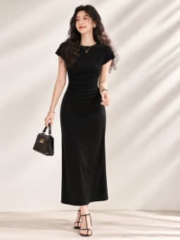 Slim Fit A-Line Midi Dress Women's Short Sleeve T-Shirt Dress High Waist Pleated Spring Summer Autumn Commute Style Casual Dress