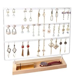 3-Tier Earring Organizer 75 Holes Jewelry Display Stand Metal Earring Holder with Wood Base Necklace Holder