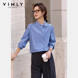 VIMLY Women's Blue Striped Shirt 2026 Spring New Irregular Placket Turn-Down Collar Long Sleeve Top Casual Commute Shirt A3711
