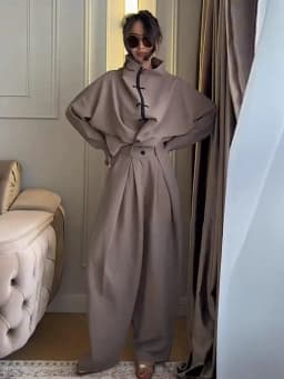 Solid Single Breasted Jacket Suit Loose Full Sleeve Lapel Jackets Wide Leg 2026 Spring New Chic Casual Women Loose All-match Set