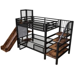 90*200cm Metal Bed for Children, with Slide and Storage Staircase, Bunk Bed with Protective Lattice Door, Integrated Shelves