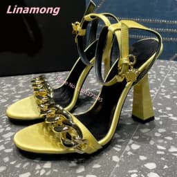Round Toe Luxury Design Sandals 2024 Summer New Women Solid Thin High Heel Leather Sexy Luxury Metal Chain Wedding Party Shoes