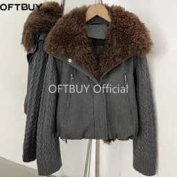 OFTBUY 90 White Duck Down Jacket Knit Sleeve Zipper Pockets Drawstring Short Coat Women Winter Real Curly Lamb Wool Fur Collar