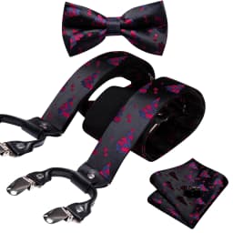 Burgundy Black White  Mens Suspender Adjustable 6 Clips Jacquard Braces Bowtie Hanky Cufflinks Set Silver Gold