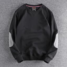 Spring New American Retro Sleeve Patch Solid Color Sweatshirt Men's Simple 100% Cotton Washed Pullover Loose Casual Sportwear
