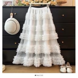 Women's Ruffle Trim Mesh Tutu Skirt, Tiered Layered A-Line Flared Skirt, High Waist Soft Tulle Puffy Skirt, Spring Summer