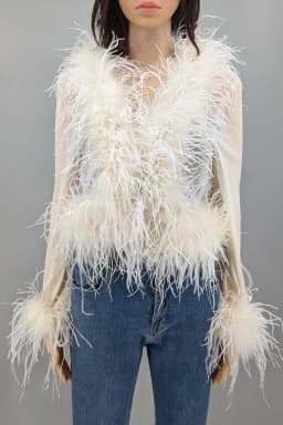 Women See-Through Top with Real Ostrich Feather Brown Black Cropped Jacket Top Bolero 240711