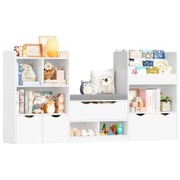 Getone Toy Storage Unit, Children's Bookcase 183cm, Kid's Room Furniture with Bench, children's shelf with 3 Drawers 183.5X94.5X29.8 cm