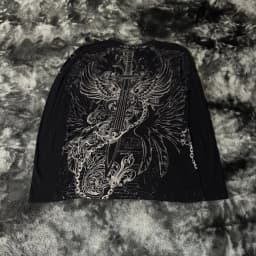 Black Mens Gothic Dark Style Sweatshirt Loose Unique Wing Print Design on Front Chest Trendy Casual Streetwear Edgy Personality