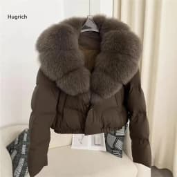 Women's Short Puffer Jacket with Large Faux Fox Fur Collar Thick Warm Down Coat Winter Loose Fit Solid Color Outerwear Fashion