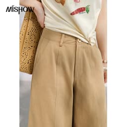 MISHOW Khaki High Waisted Wide Leg Cropped Pants For Women 2026 Summer Lace Trimmed Hem Retro Casual Loose Pants MXF24K1294