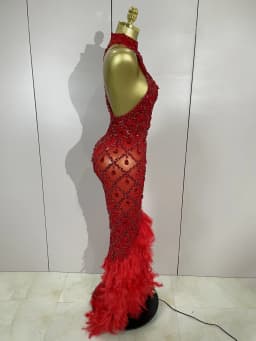 Luxury Sparkly Red Rhinestones Feather Sexy Mesh See Through Long Dress Women Birthday Evening Nightclub DJ Dancer Stage Costume