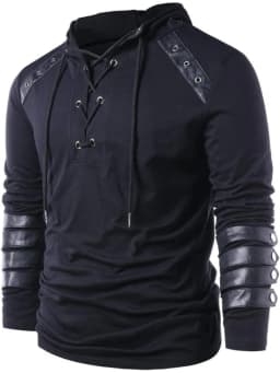 Men's Knight Drawstring Lace Up Pullover Hoodie Steampunk Long Sleeve Hooded Sweatshirt Black, Gothic Victorian Style
