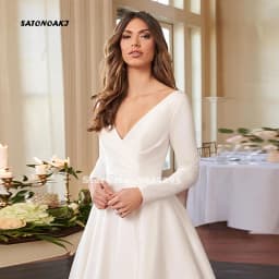 Customized Elegant Simple Ivory Satin Wedding Dress for Women V-Neck Long Sleeve Backless A-Line Bridal Gowns Vestidos De Novia