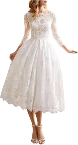 Customized Elegant 3/4 Sleeves A Line White Wedding Dresses for Bride Women Simple Tea Length Lace Romantic Boho Bridal Gowns