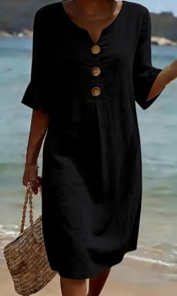 V-neck Button Solid Color Casual New Beach Vacation Style Versatile Dress For Women's A-line Lace Short Sleeved Patchwork Skirt