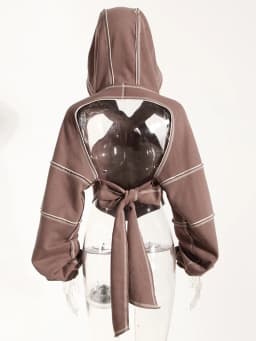 [EAM] Brown Back Bow Irregular Cut-out Sweatshirt New Hooded Long Sleeve Women Big Size Fashion Tide Spring Autumn 2026 1DF1820