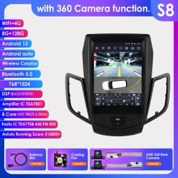 OSSURET 9.7inch 2 DIN Android 13 Car Radio for Ford Fiesta 2009-2017 Multimedia Stereo Vertical Screen Carplay Panoramic Camera