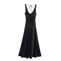 HH Women's Solid Vacation Style Satin Texture Backless V-neck Midi Dress Summer Female Elegant Sexy Lace-up Strap Dress