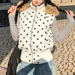 Harajuku Gothic Polka Dot Vest Jacket Fur Collar Hooded Women Fall Winter Casual Sleeveless Y2K Cotton Padded Quilted Coat Жилет