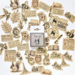 46Pcs Vintage Creative Animals & Plants Kraft Paper Stickers Set for DIY Scrapbooking Diary Decoration & Stationery Flakes