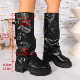 Platform Chunky Sole Women Knee High Boots Multi Buckle Strap Shoes Autumn Winter Ladies Non Slip Long Motorcycle Boots