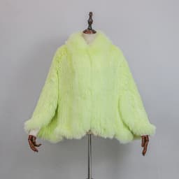 New Extra Long Real Genuine Natural Knitted Rabbit Fur Shawl Coat with Fox Fur Collar Women's Fashion Knit Jacket Cape